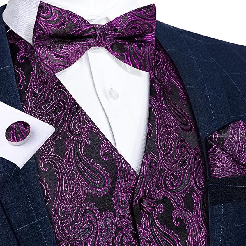 Black Purple Men Paisley Floral Jacquard Waistcoat Set Vest & Bow Tie Pocket Square Cufflinks- MJ-0121 - SimonVon Shop