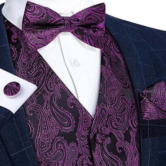 Black Purple Men Paisley Floral Jacquard Waistcoat Set Vest & Bow Tie Pocket Square Cufflinks- MJ-0121 - SimonVon Shop